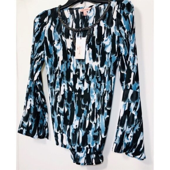Juicy Couture Womens Blue and Green Keyhole V Neck Bell Sleeve Blouse Sz XS New - Picture 3 of 7
